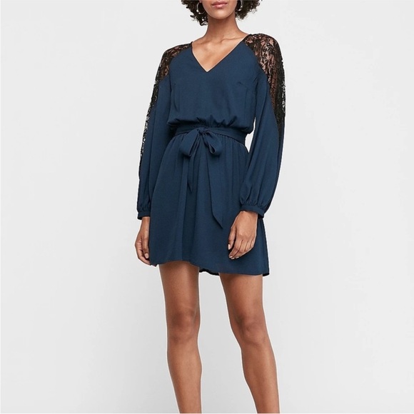 Express Dresses & Skirts - EXPRESS • Navy Blue Lace Sleeve Midi Dress
